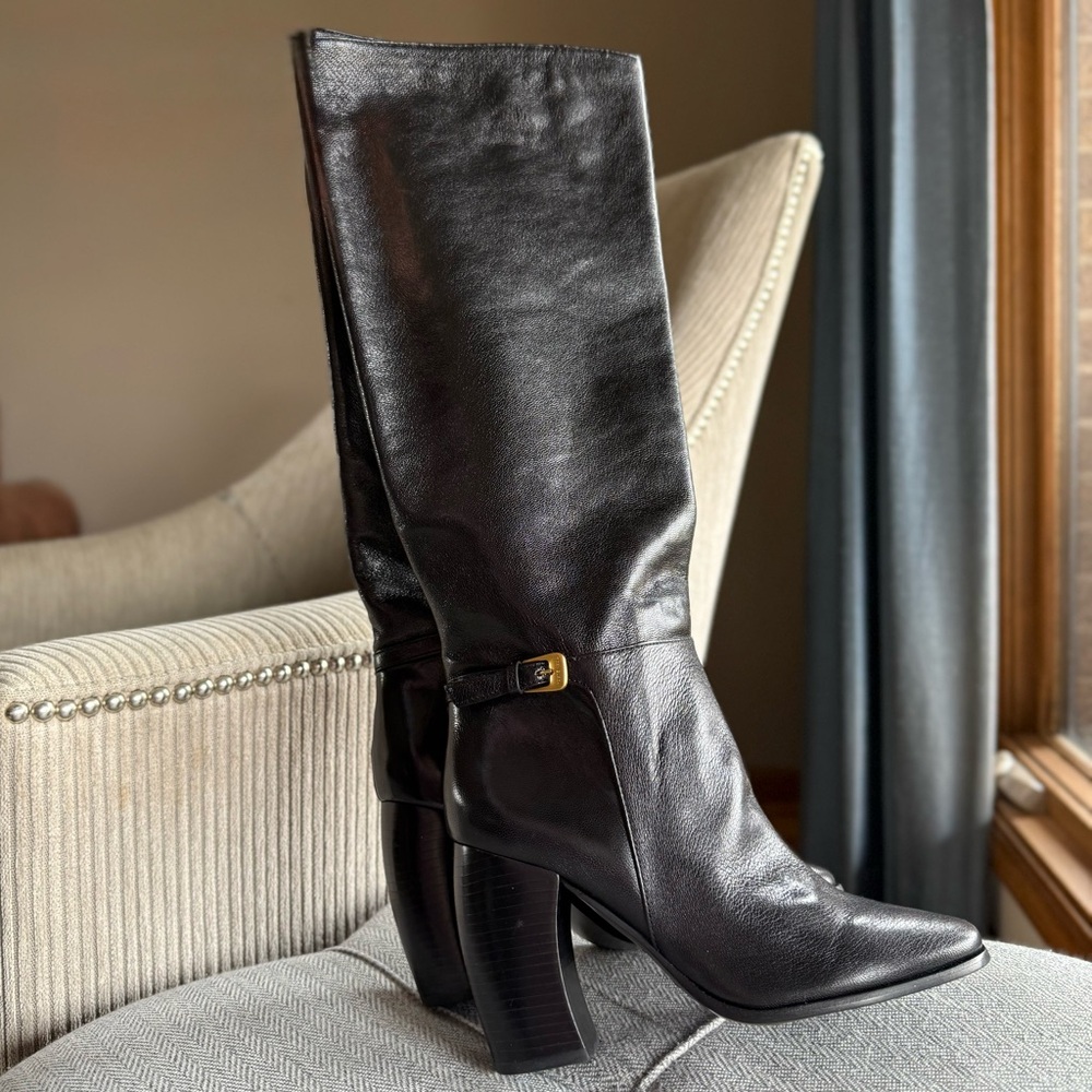 Tory Burch Leather Banana Heels Buckle Tall Boots